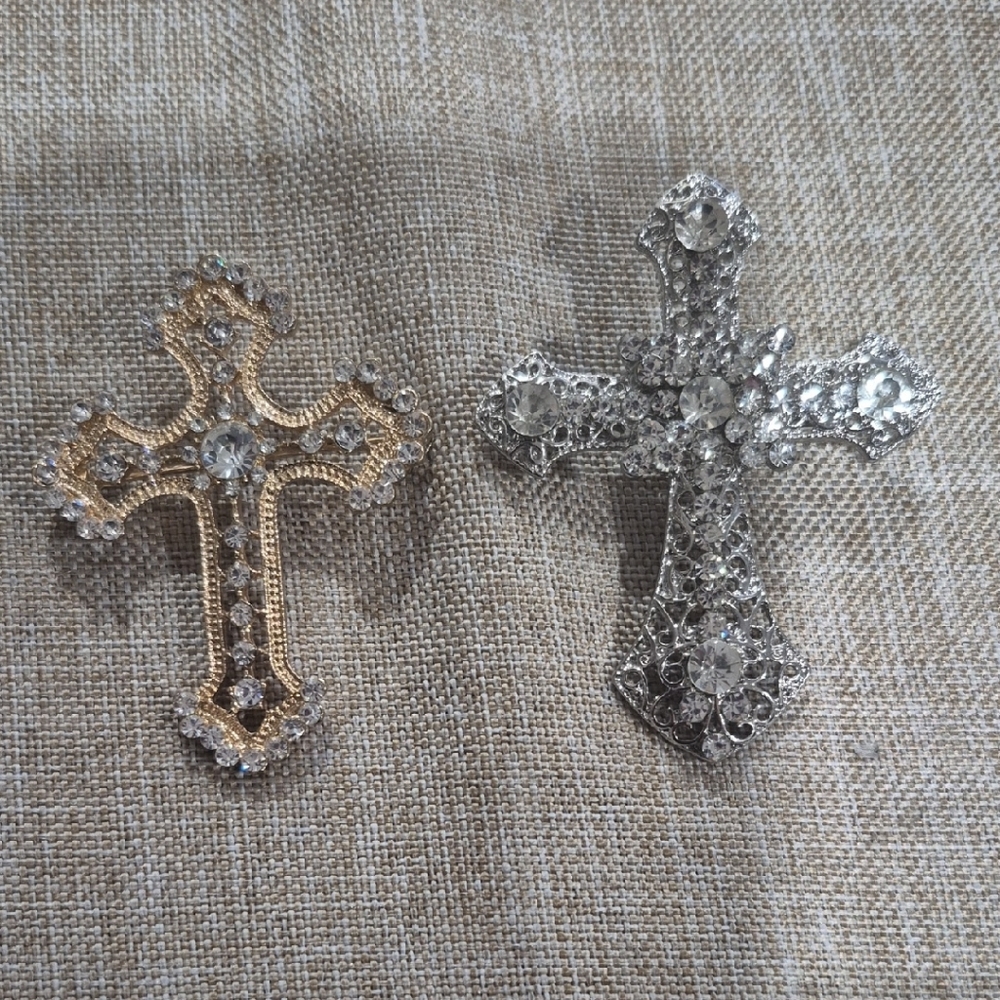 2 Gold Tone and Silver Tone Rhinestone Cross Brooches